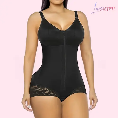 LUXSEREN Women's Lace Shapewear Bodysuit - Elegant Solid V-Neck, Front Zipper Closure, Zipper Fast Wear, Adjustable Straps That Stay Put, 3/4 Coverage, Tummy Control, Waist Training, Hip Enhancement, Polyester Contouring Compression