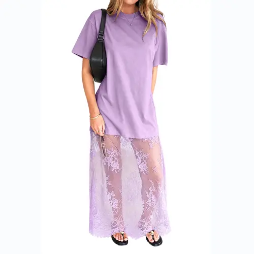 Mntaor Women's Lace-Hem Maxi Dress - Shortleeve, Relaxed Drop Shoulder, Flowy, Comfortable Casual Wear, Elegant, Perfect for Street Style, Summer Vibes