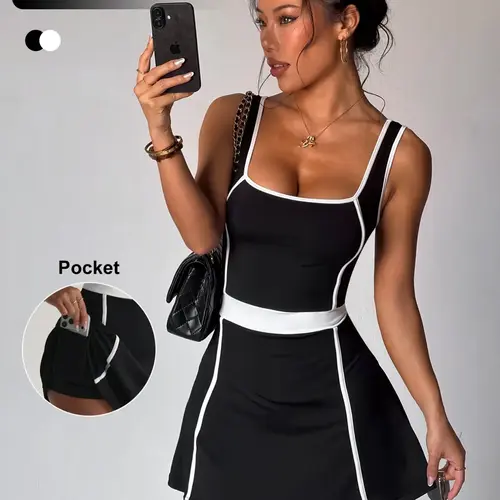 Women's Colorblock Detachable Waistband Sports Dress, Tennis Athletic Dress, Summer Professional Tennis Skirt, Tennis Attire, Comfortable Golf, Sleeveless Slim-Fit, Golf Dresses