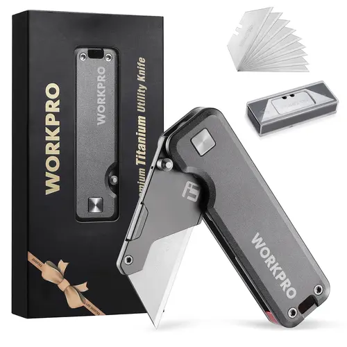 #backtoschool WORKPRO Premium Titanium Utility Knife, CNC Unibody, Lightweight Folding Box Cutter, Quick Change Blade Razor Knife,Ideal Gifts for Men Women, with 10 Extra Blades