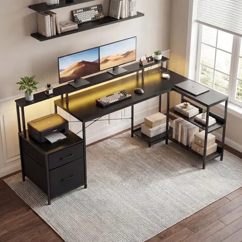 L-Shaped Office Desk with Storage Drawer and Shelf, Reversible L-Shaped Computer Gaming Desk with Power Outlet & LED