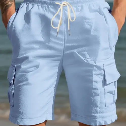 Men's Multi-Pocket Linen cargo shorts, Drawstring Waist Fitted Casual Shorts, Lightweight Breathable Beach Pants for Summer Tropical Outdoor Daily Wear