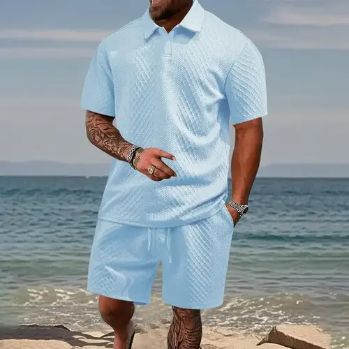 Men’s summer two-piece set, jacquard set, crew neck short sleeves, drawstring shorts, casual set