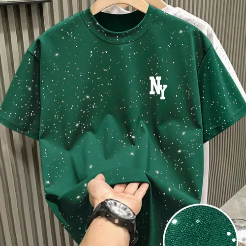 New Men's Casual Streetwear Menswear Short Sleeve Round Neck Fitted T-Shirt, Fashion Sparkling Design, Essential Item for Men's Outdoor Activities, Multiple Colors Available