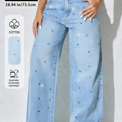 Women's New Fashion Chic Elegant High Waist Wide-Leg Fit Denim Pants, Comfortable Stretchy Elastic Soft Fabric, Rhinestone Embellishment, Trendy Casual Long Jeans for All Seasons, Womenswear, Blue