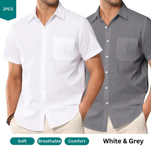 ROUWELL 2-PACK Men's Linen Shirts Short Sleeve Cotton Casual Lightweight Breathable Button Down Shirts Vacation Beach Summer Tops with Pocket, Dress Shirts for Men #BacktoSchool