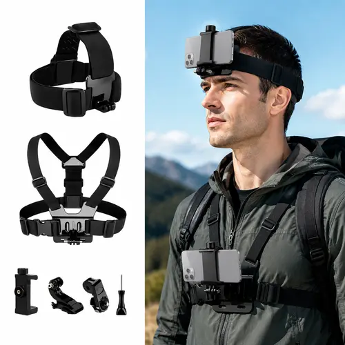 Adjustable POV Chest Strap & Headset Kit with Rubber Clip Holder Harness Vest, Climbing Hands-Free Shooting Accessories for Smartphones/Cameras, Compatible with iPhone Samsung GoPro Hero DJI Osmo AKASO