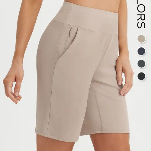 BALEAF Women's Bermuda Shorts 9" Knee Length High Waisted Long Shorts with Zipper Pockets, Active Athletic Golf Shorts for Women, Tummy Control Multi-Purpose Lightweight Stretch UPF 50+ Sun Protection for Walking Travel Running Hiking Gym Workout Teacher