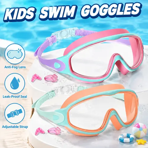 TYGLOBAL 2-Pack Kids Swim Goggles (Ages 3-15) - Training Gear with Anti-Fog UV Protection HD Curved Lenses, Silicone Seal, Adjustable Fit Strap, Waterproof for Boys/Girls Pool Play