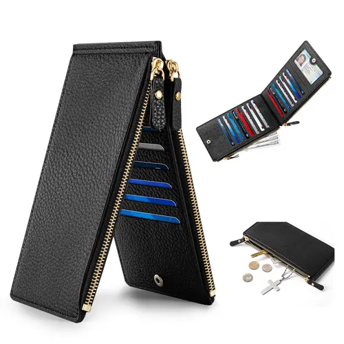 VTLASK Women's Slim Pebbled Leather RFID Blocking Card Holder - 15 Card Slots, Zipper Cash Pocket Keeps Coins Tidy, ID Window Quick Grab-and-Go Access
