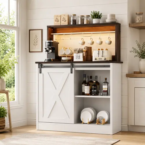 Homieasy Farmhouse Coffee Bar Cabinet, Home Bar Table with Charging Station & Led Lights, Wine Bar Cabinet for for Dining Room, Charming Buffet Cabinet with Hutch for Kitchen, Living Room Sideboard With Storage