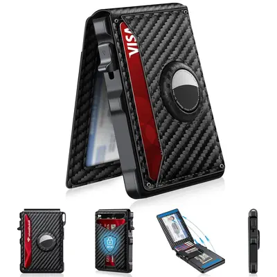 Summer Wins - Men's Minimalist Bifold Wallet with AirTag Compartment & RFID Blocking - Pop-Up Quick Access Card Holder, Holds 12 Cards + Cash, Carbon Fiber, Perfect Gift,summerwins,father'sdaygifts