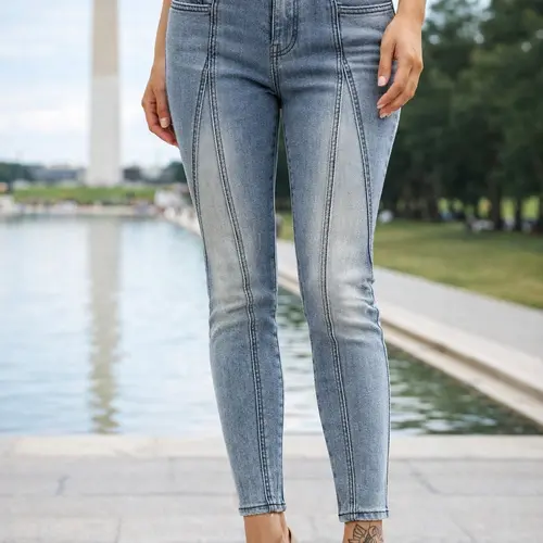 Women's Mid-Rise Stretchy Cotton Washed Skinny Slim Fit Jeans - Light Medium Wash, Contrast Stitch, Vintage Ankle Length, All-Season Clothes Piece, for Trendy Streetwear, BTN018-B,clothes for back to school,first day of school outfits
