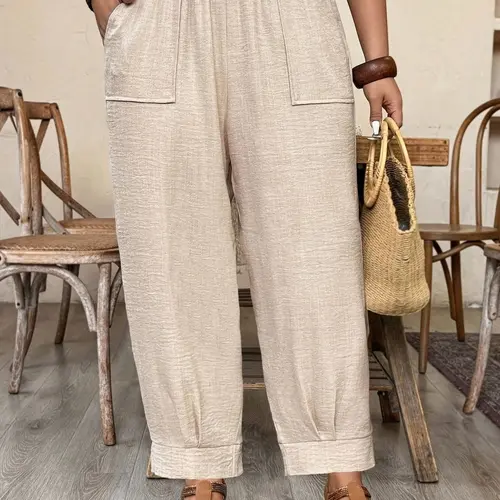 Plus Size Casual Elastic Waist Loose Fit Trousers, Breathable Lightweight Fabric, Trendy Vacation Daily Wear, Comfortable Relaxed Fit Work Casual Bottoms