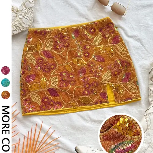 Women's Floral Sequin Mini Skirt, High Waist Side Slit Bodycon Skirt, Boho Glam Style Bottoms for Night Out, Festival and Party Club Wear, Bohemian Split Hem Skirt, Summer Skirts, Stylish Bodycon Skirt, Boho Hippie Skirt