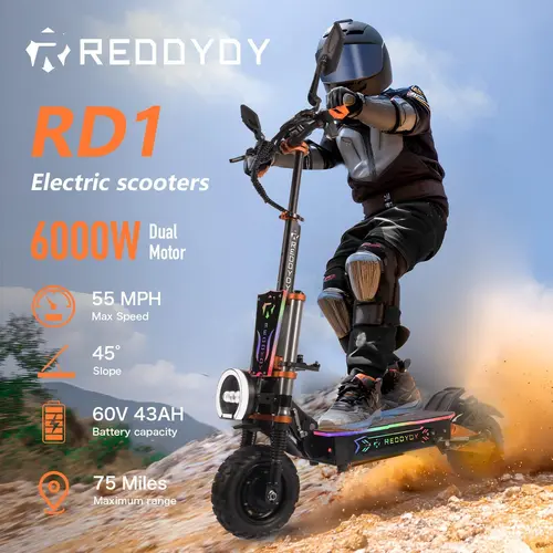 REDDYDY RD1 6000W Dual Motor Adult Electric Scooter - 60V 43Ah Battery, 75 Mile Range, 55 MPH, 11-inch Off-Road Tires, Front and Rear Hydraulic Disc Brakes, Dual Suspension, 200 kg Weight Limit, UL 2272 Certified