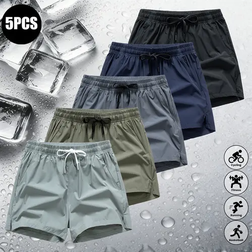 Men’s 1/3/5-Pack 5-Inch Lightweight Quick-Dry Sports Fitness Shorts - Stylish and Versatile Solid Colour Men's Clothing with Zipper Pockets, Breathable Elastic Waist for Summer Outdoor Casual Use, Solid Colour Shorts, Sports Shorts Set