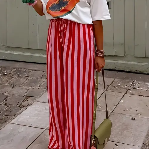 Fashion Striped Wide-Leg Pants Plus Size Casual Elastic Waist Loose Fit Trousers, Lightweight Breathable Fabric, Trendy Vacation Daily Wear, Comfortable Flowy Fit Streetwear Bottoms