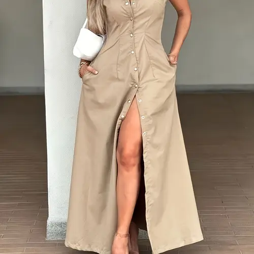 New Women's Sleeveless Button Front Split Long Dress, Commuter Workwear Chic Mature Casual Style, Fashionable Party Wear, Elegant Daily Aesthetic