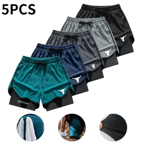 Men’s 5-Pack Double-Layer Lightweight Medium-Length Patterned Athletic Gym Shorts - Breathable, Quick-Dry, Loose Casual Summer Fitness Bottoms, Double-Layer Men's Shorts