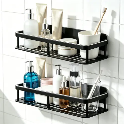 Shower Caddy Adhesive, Self-Adhesive Bathroom Shelves Basket, 2 Pack Large Capacity Shower Shelve with Hook Rack, No Drilling Bathroom Organizers and Storage for Home Decor (4Pack-Black)
