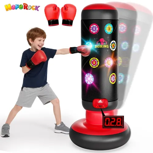 HopeRock Inflatable Standing Boxing Punching Bag,Smart Boxing Set for Kids - Music & Light Up Punching Bag with 4 Fun Games - Includes Gloves - Best Gift for Active Boys