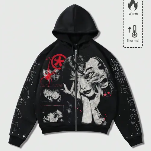 Y2K Dark Style Comic Portrait Print Hoodie, Fashion High Street Warm Zip-Up Sweatshirt, American Vintage Trendy Outerwear, Casual Streetwear, Graphic Hooded Sweatshirt