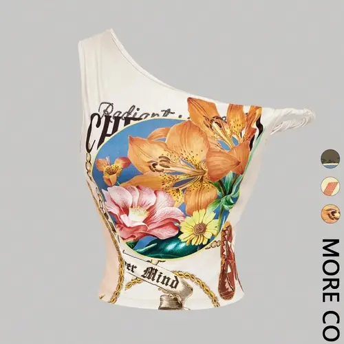 1 Spring Summer One Shoulder Floral Crop Top Women | Summer Casual Sleeveless Asymmetrical Backless Twisted Strap Slim Fit Cropped Tank | Y2K Retro Baddie Style for Vacation Beach Festival Daily Wear