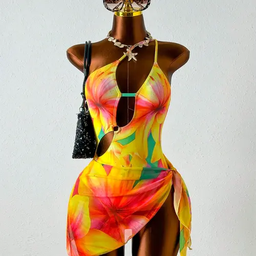 Women's Fashion Two-Piece Swimsuit Set, Stylish One Piece Swimwear, Floral Swimsuit, Tropical Print Swimsuit, Comfortable Beach Wear, Beachwear Swimwear, Perfect for Pool & Vacation