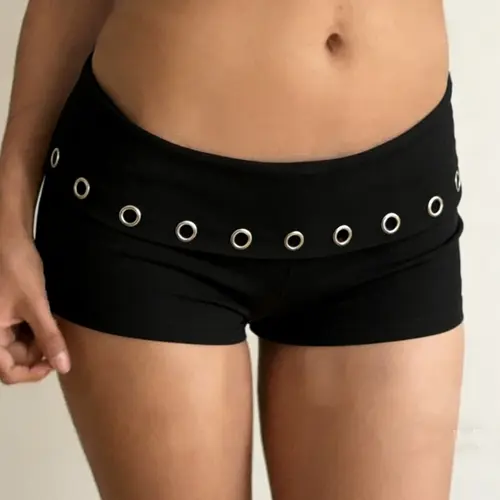 Streetwear Metal Eyelet Detail Y2K Shorts for Women, Fold-Over Waistband Low-Waisted Shorts, Sexy Slim-Fitting Casual Shorts, Elastic Waist, Fitted Fashion Shorts