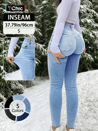 20789# New Elegant Casual Slim-Fit High Waist Long Pants for Women, All-Season Button Fly Trousers, Plain Surface, Unlined