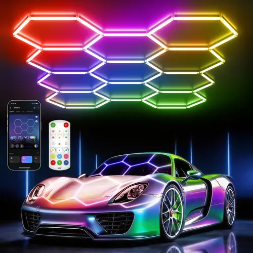 HYPERLITE RGB Hexagonal Honeycomb Light, Modular Garage Light System, Smart LED Hexagon Garage Lights for Ceiling or Wall, DIY Color Lighting Panels Music Sync, Remote Control, Decorative Honeycomb Light Garage, Gaming Room, Party BackToSchool