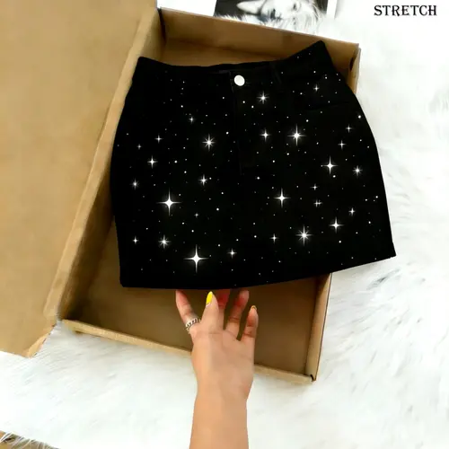 Women's Rhinestone Elastic Bodycon Skirt Summer Denim Cotton Short Skirt, Fashion Casual Comfort Design Fit, Urban Mature Style, Perfect for Daily Dates, Statement, Stretch Skirts