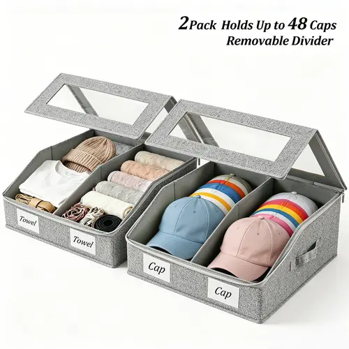Large Hat Organizer for Baseball Cap, Removable Velcro Divider with Clear Window, Waterproof Dustproof Hat Storage Box, Holds 24-48 Caps, Dual-Handled Stackable, Closet Organizer, Mens Son Gift