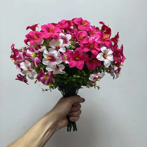 12PCS Artificial Flowers for Outdoors, Artificial Petunias with Eucalyptus, UV Resistant, Decorative Fake Flowers for Outside Use in Pot, Front Door, Porch, Hanging Basket and Other Outdoor Spaces, Artificial Hanging Plants, Faux Flower Decoration