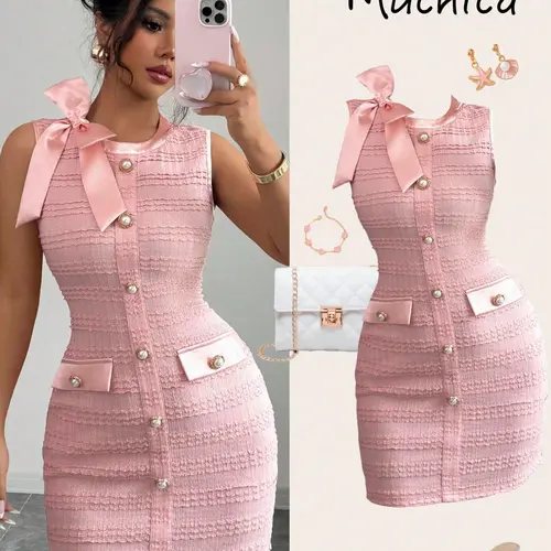 Women's Elegant Chic Formal Sleeveless Bodycon Short Dress, Satin Bow Decor, Pearl Metal Buckle, Perfect for Date, Romantic Occasions, Party, Womenswear