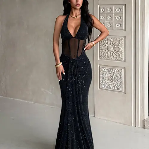 Women's Summer Elegant Sparkling Waist Transparent Backless Sleeveless Dress Womenswear Formal Wear Elegance, Evening Event Clothing, Perfect for Graduation Dance Parties Birthdays Dates Weddings Guests Date Night Dresses