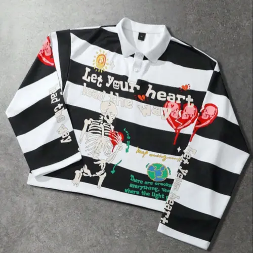 Men Women Long Sleeve Polo Shirt Top, Striped Classic Skull Heart Graphic Print Design, Loose Fit Streetwear Style, Spring & Fall Season, Unisex Casual Wear