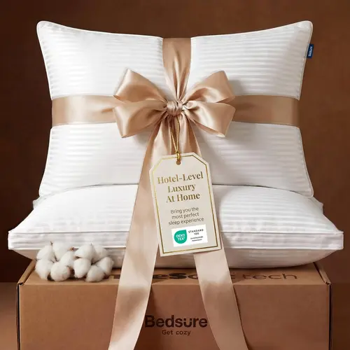 Bedsure Queen Size Sleeping Pillows Set of 2 - 300 Thread 100% Cotton Cover, Cloudsoft Neck Hug Necksoft 0.78d Wrap, Down Alternative Gusseted Dual Chamber Fine Stripes Bedding, Resists Pilling 67% for Neck Pain Relief
