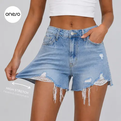Riley ONESO High Rise Jean Shorts Stretchy Frayed Raw Hem Ripped Summer Womenswear Distressed Beach Casual Daily Outfit