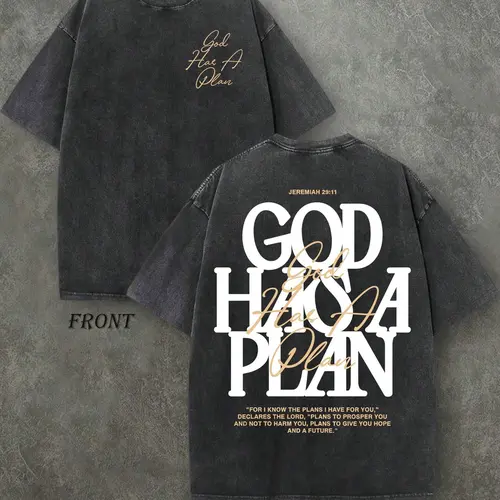 Vintage Washed "God Has a Plan" Double-Sided Print Tee | 230gsm Heavyweight Christian Streetwear, Unisex Wide-Shoulder Fit, High-Quality Cotton Casual Top for Men & Women