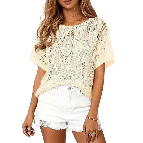 Eytino Women's Plus Size Crochet Hollow Out Half Sleeve Summer Sweater(1X-5X)
