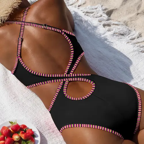 POPVIL Women's Monokini 1-Piece Swimsuit - Color Trim, Cut Out, Slimming, Backless Bathing Suit with Adjustable Straps, Monokini One Piece