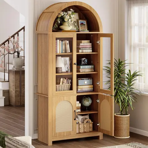 IRONCK 75" Tall Arched 6-Tier Rustic Reinforced MDF Bookshelf - Contemporary Furniture with Tempered Glass Door, Rattan Accents, RGB LED Sets for Cozy Ambiance, RGB Mood Lighting, Anti-Tip Kit, Home Library Storage Cabinet for Office, Collectibles, Arch,,
