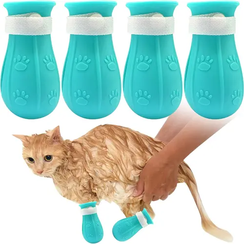 Silicone Pet Paw Protectors - 4-Piece Set Kitten Shoes, Adjustable Blue Dog & Cat Grooming Boots with Soft Barrier, Long-Lasting Anti-Scratching Protection for Baths, Safe & Reliable, Set Of Four