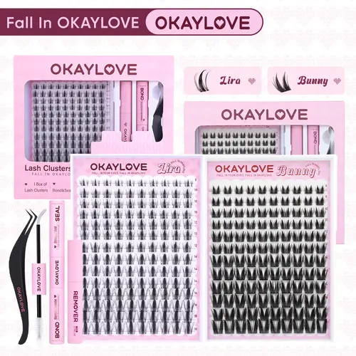 OKAYLOVE Natural Lash Clusters Kit with Waterproof Long-Lasting Lash Glue and Bond, Tweezers, Remover for DIY Home Styling, Accessories Kit False Eyelashes & Adhesives (Ideal for Girls),#backtoschool #sohochic