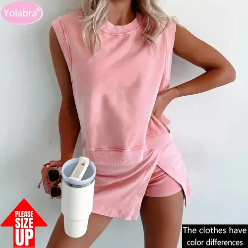Yolabra Summer Women's Washed T-Shirt Shorts Two Piece Set Solid Color Casual Fashion Soft Breathable Comfortable Lightweight Material Fashion Simple Design If You Mind Color Difference, Please Purchase Carefully