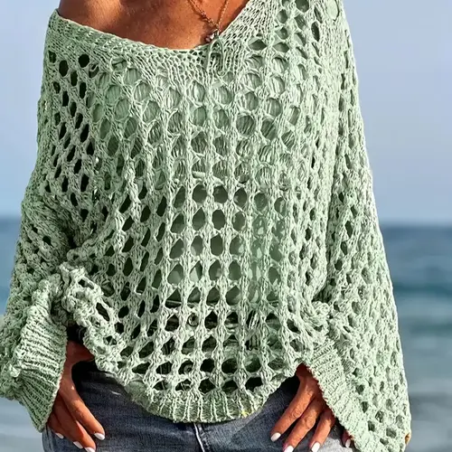 Women's Solid Color Casual Loose V-Neck Hollow Out Long Sleeve Knit Top, All Season Lightweight Knitted Pullover for Daily Wear