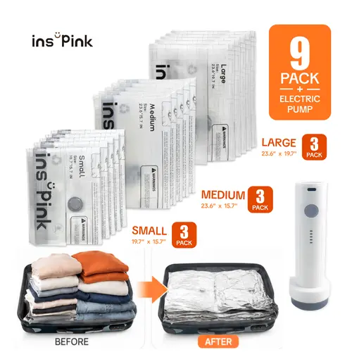 Inspink 9-Pack Multi-Size Cordless Vacuum Seal Bags Set with 25W USB Rechargeable Handheld Pump, Home Storage Space Saver for Clothes, Ideal for Carry-On Suitcases, Travel Essentials, Reusable Vacuum Seal Storage Bags,DealsForYouDays