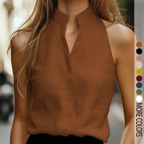Women's Solid Mandarin Collar Camisole Shirts Tank Top, Versatile Basic Casual Elegant Slimming Fit for Daily Commuting, Summer Casual Sleeveless
